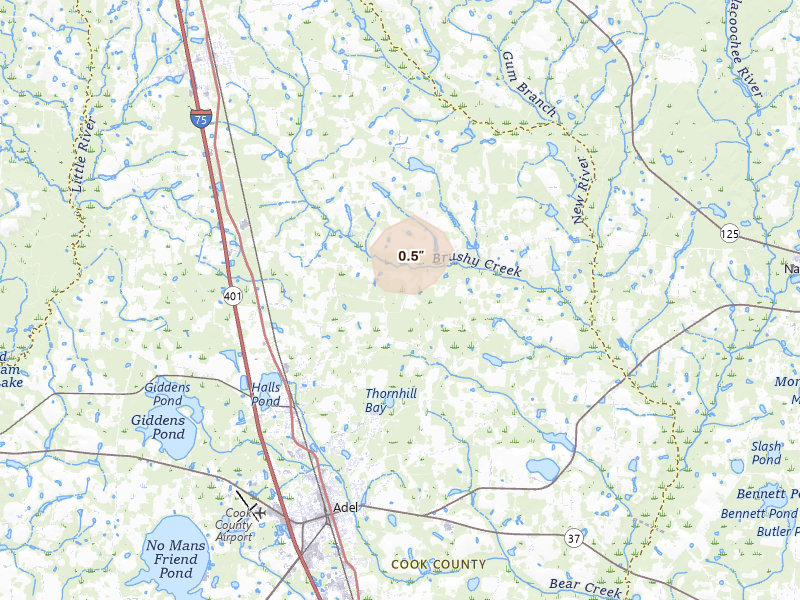Radar-estimated hail-size map of the storm over Sparks, GA on Aug 24, 2026