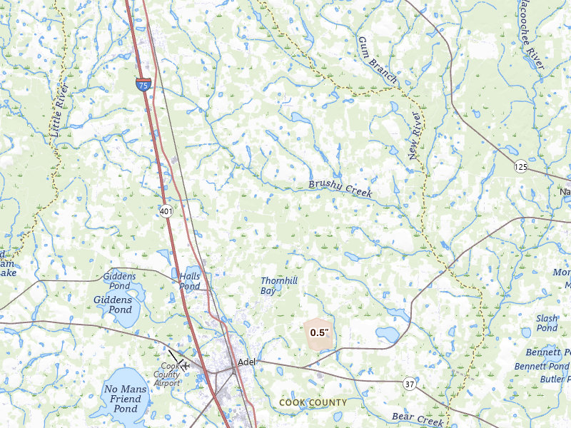 Radar-estimated hail-size map of the storm over Sparks, GA on Aug 25, 2026