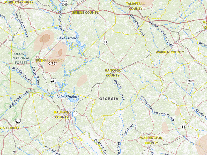 Radar-estimated hail-size map of the storm over Sparta, GA on Jun 29, 2026