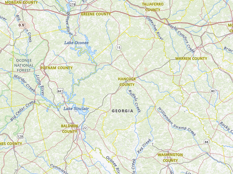 Radar-estimated hail-size map of the storm over Sparta, GA on Jul 10, 2026