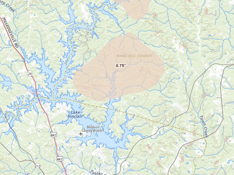 Radar-estimated hail-size map of the storm over Sparta, GA on Aug 11, 2026