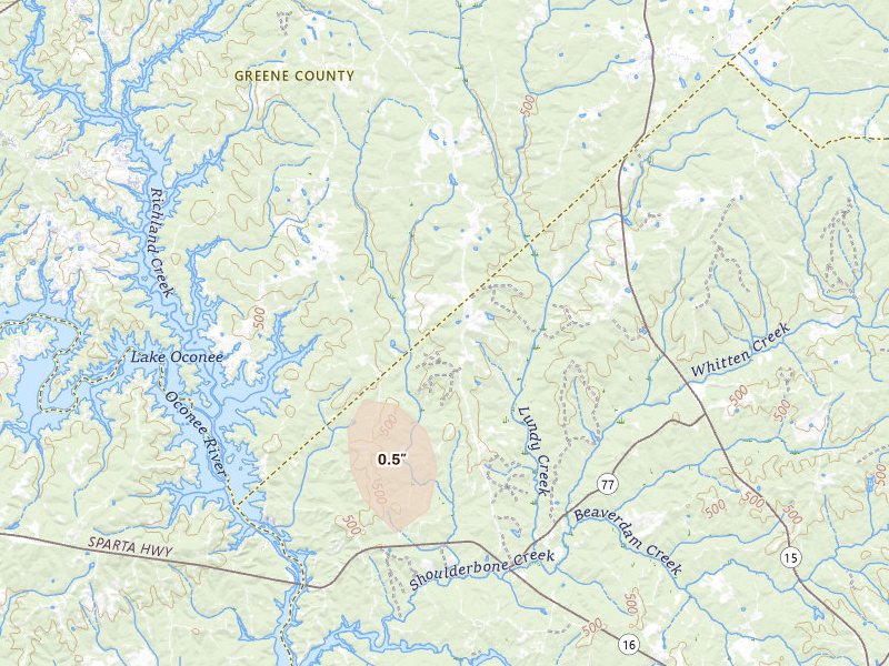 Radar-estimated hail-size map of the storm over Sparta, GA on Aug 16, 2026