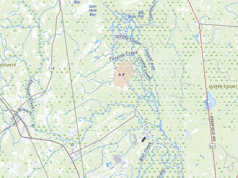 Radar-estimated hail-size map of the storm over Springfield, GA on Jun 18, 2026