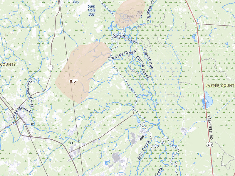Radar-estimated hail-size map of the storm over Springfield, GA on Aug 27, 2026