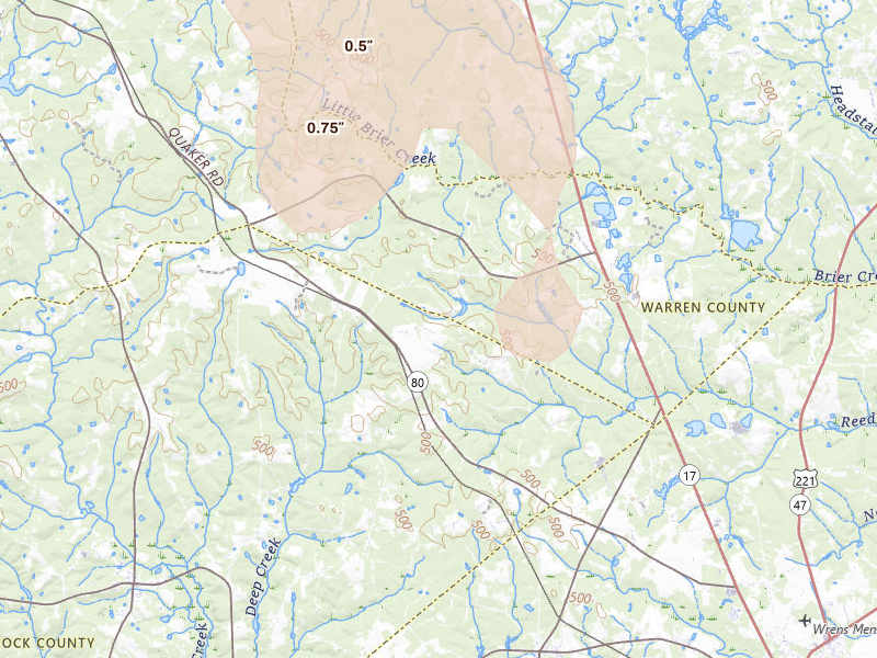 Radar-estimated hail-size map of the storm over Stapleton, GA on May 22, 2026