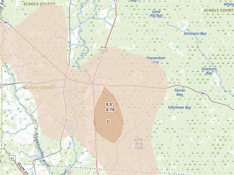 Radar-estimated hail-size map of the storm over Statenville, GA on May 17, 2026