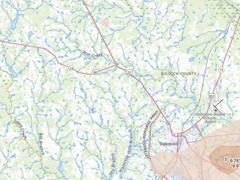 Radar-estimated hail-size map of the storm over Statesboro, GA on Jun 12, 2026