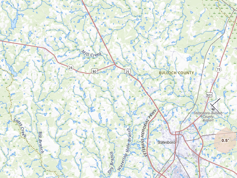 Radar-estimated hail-size map of the storm over Statesboro, GA on Jun 18, 2026