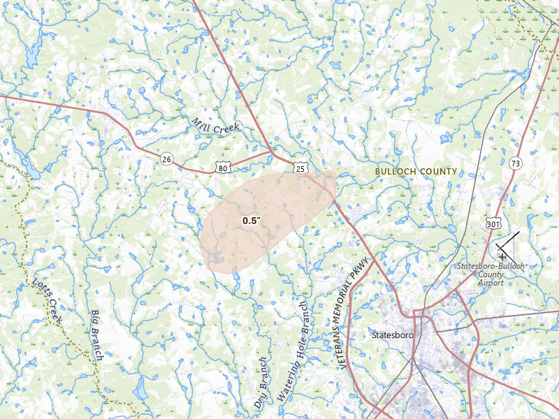 Radar-estimated hail-size map of the storm over Statesboro, GA on Jun 26, 2026