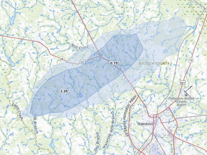 NEXRAD radar-signature map of the hail storm over Statesboro, GA on Jun 26, 2026
