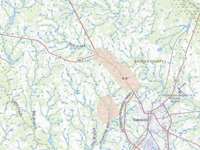 Radar-estimated hail-size map of the storm over Statesboro, GA on Jul 17, 2026