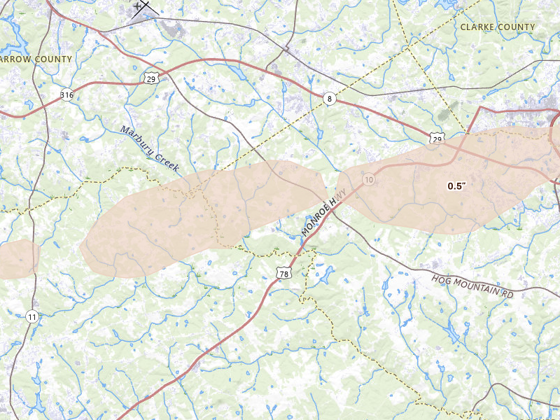 Radar-estimated hail-size map of the storm over Statham, GA on Mar 7, 2026