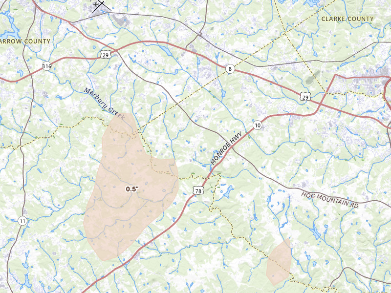 Radar-estimated hail-size map of the storm over Statham, GA on Jun 29, 2026