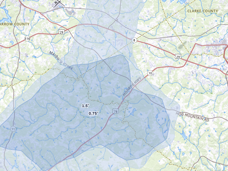 NEXRAD radar-signature map of the hail storm over Statham, GA on Jun 29, 2026