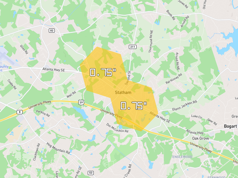 Hail map of Statham, GA on Jun 30, 2026, hail up to 0.75"