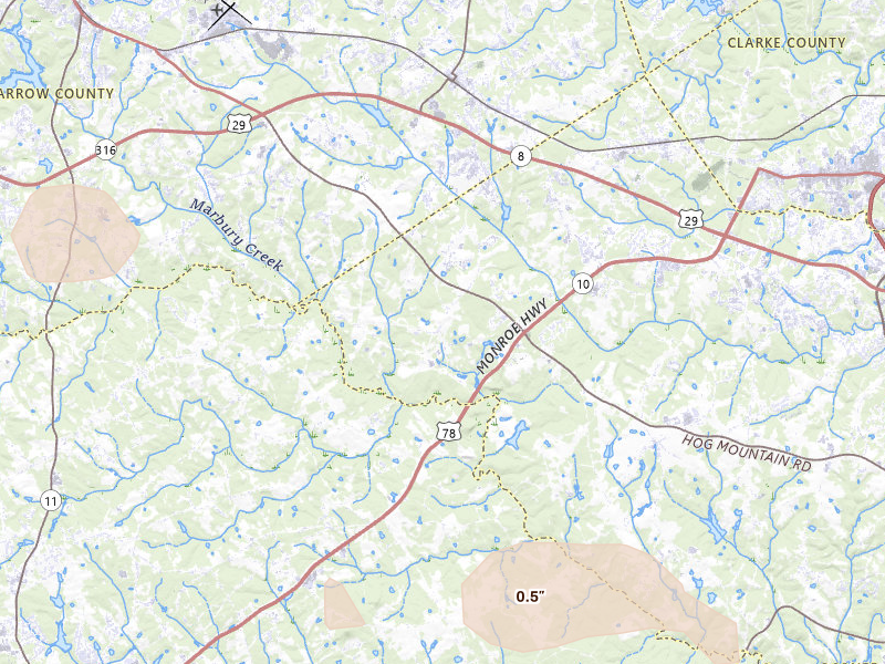 Radar-estimated hail-size map of the storm over Statham, GA on Jul 10, 2026