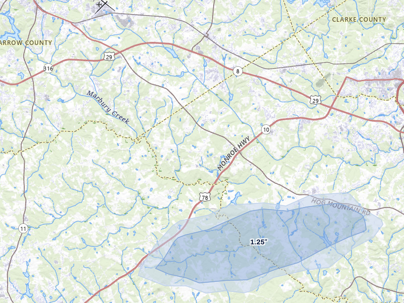 NEXRAD radar-signature map of the hail storm over Statham, GA on Jul 10, 2026