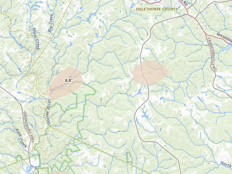Radar-estimated hail-size map of the storm over Stephens, GA on Jul 10, 2026