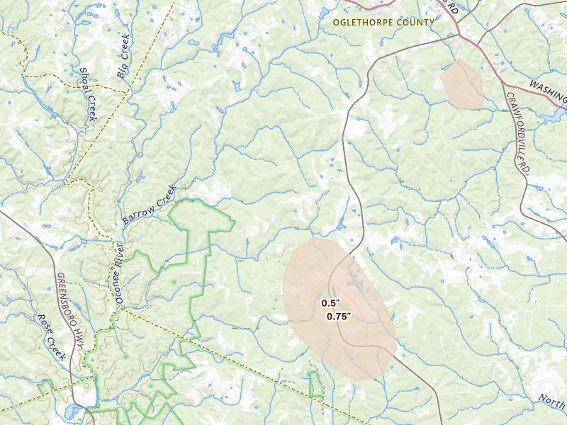 Radar-estimated hail-size map of the storm over Stephens, GA on Aug 4, 2026