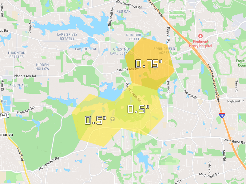 Hail map of Stockbridge, GA on Jul 3, 2026, hail up to 0.75"