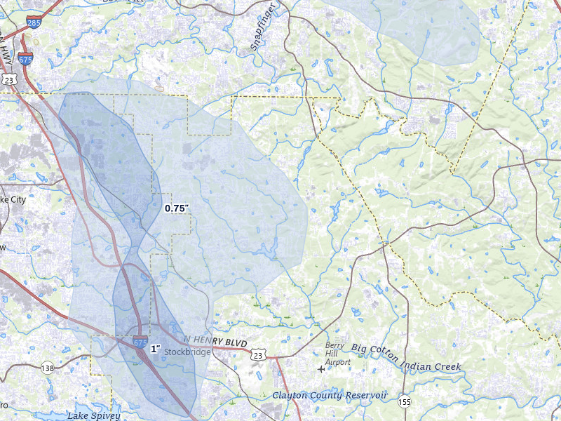 NEXRAD radar-signature map of the hail over Stockbridge, GA