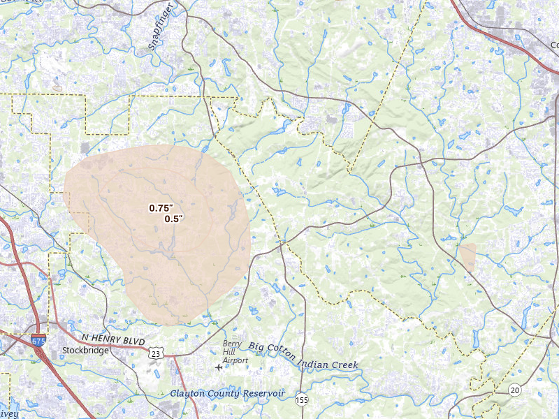 Radar-estimated hail-size map of the storm over Stockbridge, GA on Aug 11, 2026