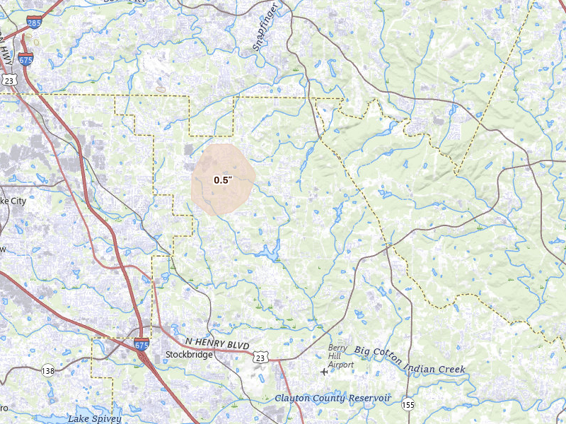Radar-estimated hail-size map of the storm over Stockbridge, GA on Aug 14, 2026