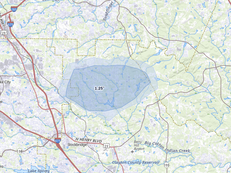 NEXRAD radar-signature map of the hail storm over Stockbridge, GA on Aug 14, 2026