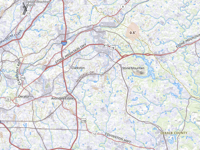 Radar-estimated hail-size map of the storm over Stone Mountain, GA on May 22, 2026