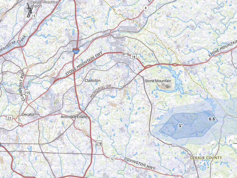 NEXRAD radar-signature map of the hail storm over Stone Mountain, GA on Jul 10, 2026