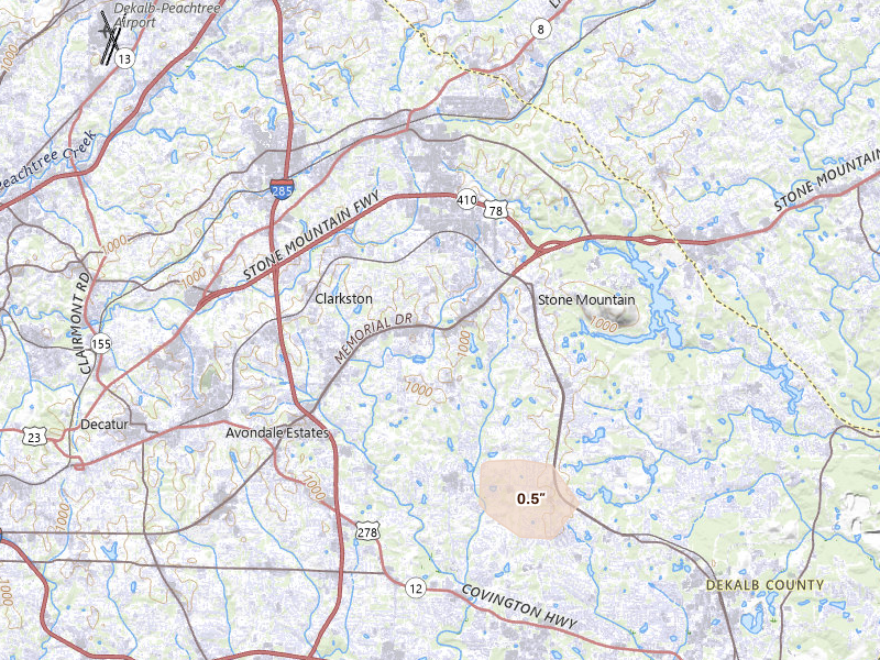 Radar-estimated hail-size map of the storm over Stone Mountain, GA on Jul 27, 2026