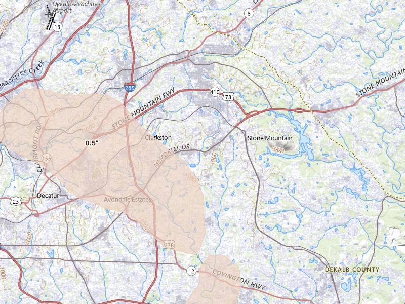 Radar-estimated hail-size map of the storm over Stone Mountain, GA on Jul 28, 2026