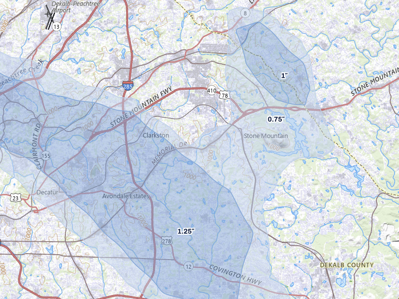 NEXRAD radar-signature map of the hail storm over Stone Mountain, GA on Jul 28, 2026