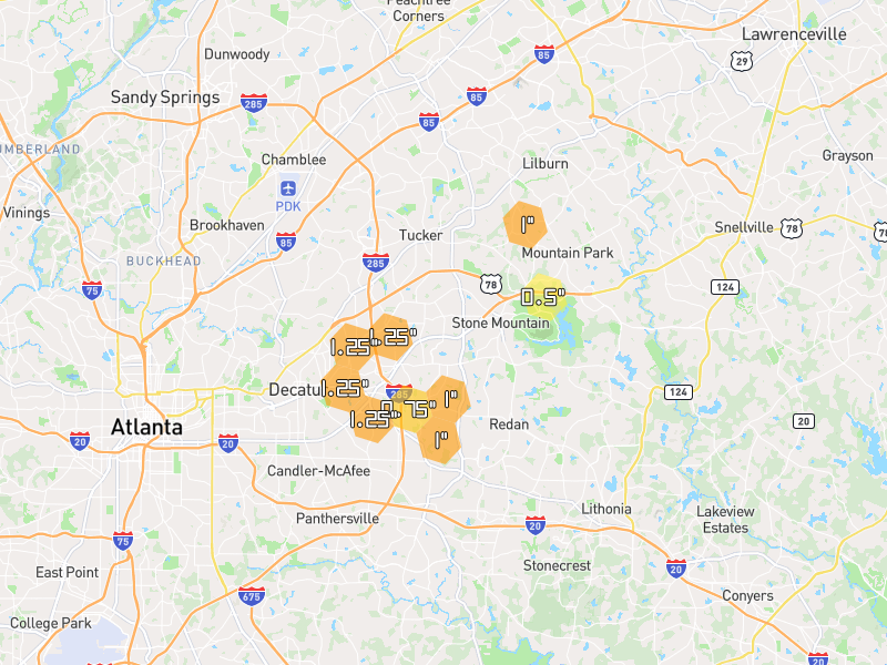 Hail map of Stone Mountain, GA on Jul 29, 2026, hail up to 1.25"