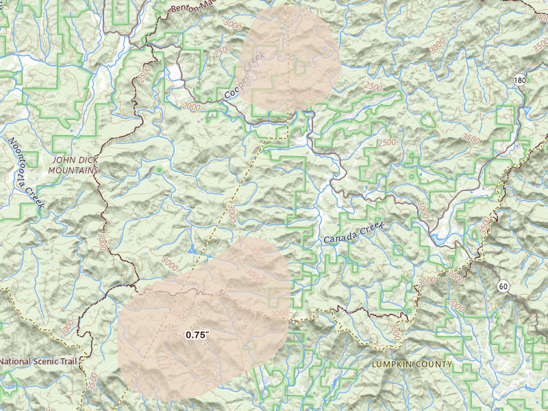 Radar-estimated hail-size map of the storm over Suches, GA on Jul 1, 2026