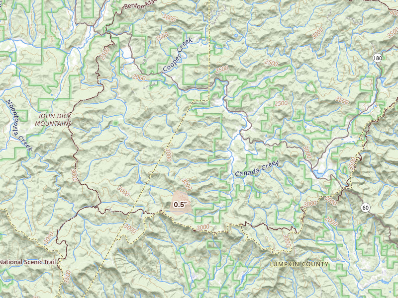 Radar-estimated hail-size map of the storm over Suches, GA on Jul 3, 2026