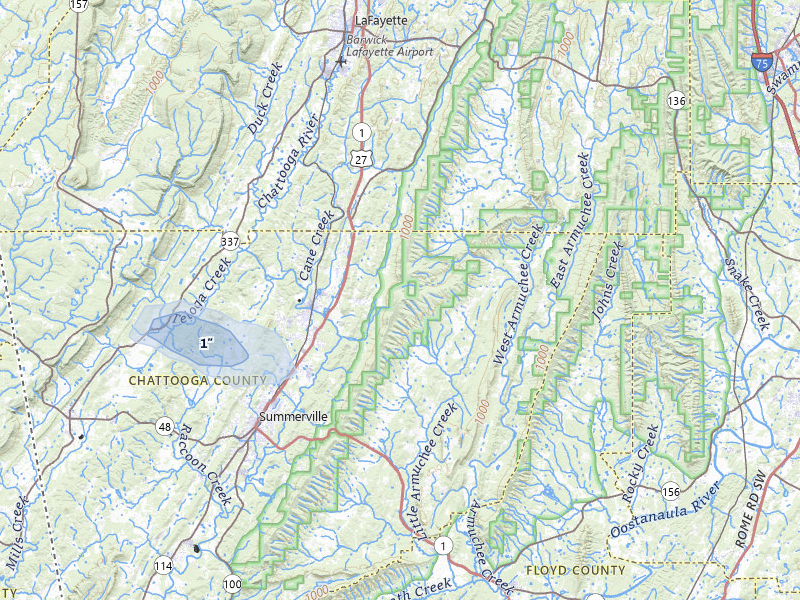 NEXRAD radar-signature map of the hail storm over Summerville, GA on Jul 1, 2026