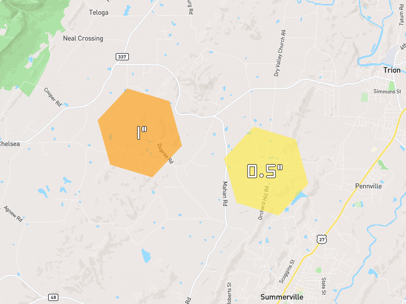 Hail map of Summerville, GA on Jul 1, 2026, hail up to 1"