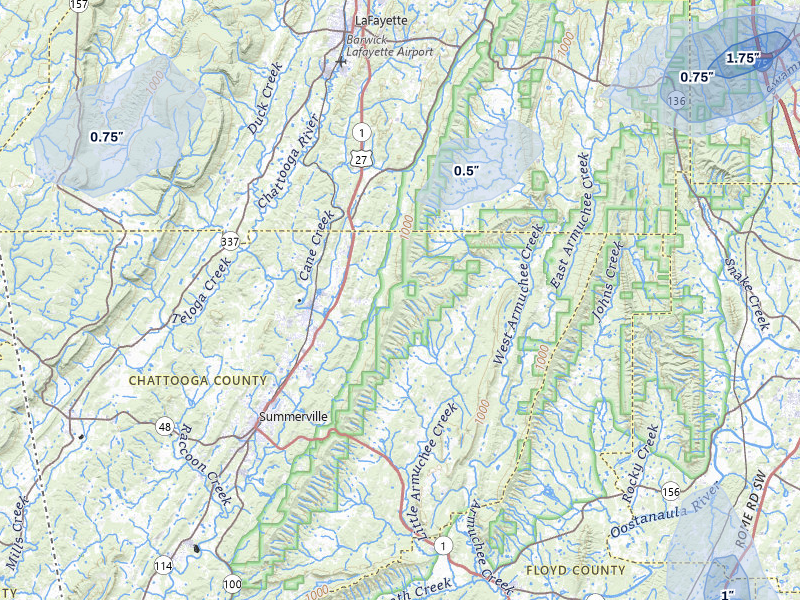 NEXRAD radar-signature map of the hail over Summerville, GA