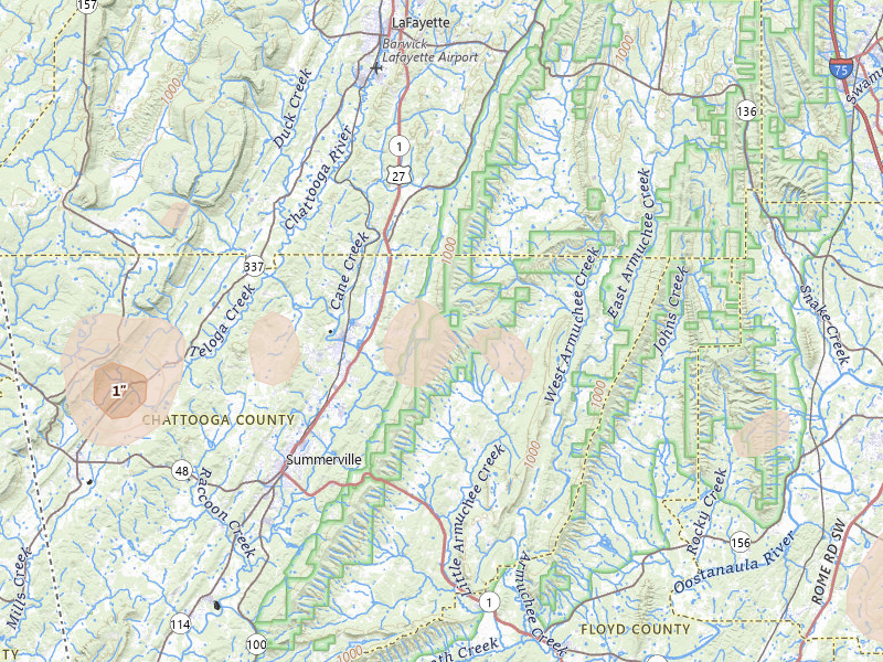 Radar-estimated hail-size map of the storm over Summerville, GA on Jul 5, 2026