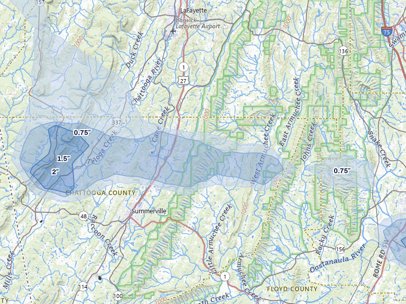 NEXRAD radar-signature map of the hail storm over Summerville, GA on Jul 5, 2026