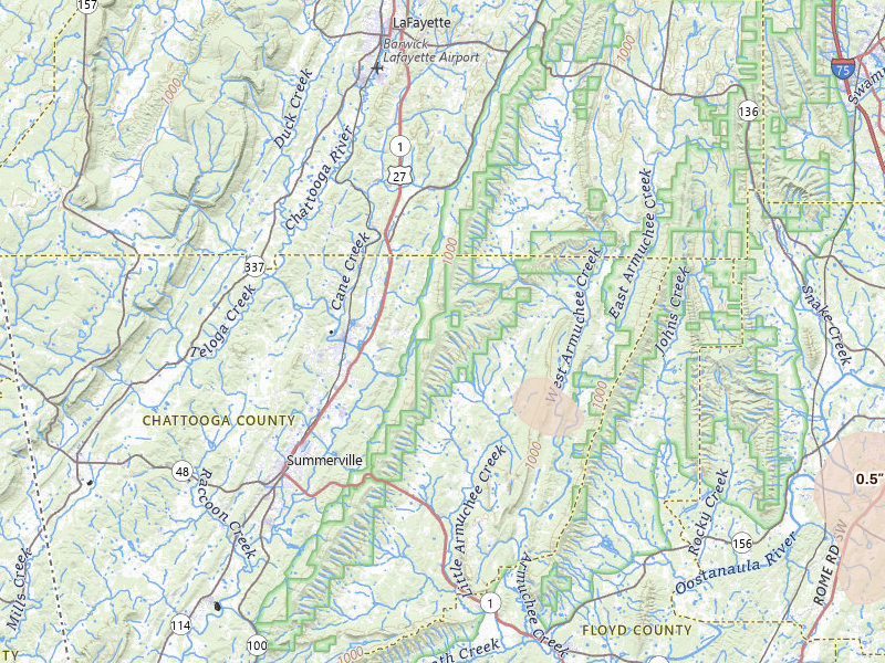 Radar-estimated hail-size map of the storm over Summerville, GA on Jul 19, 2026