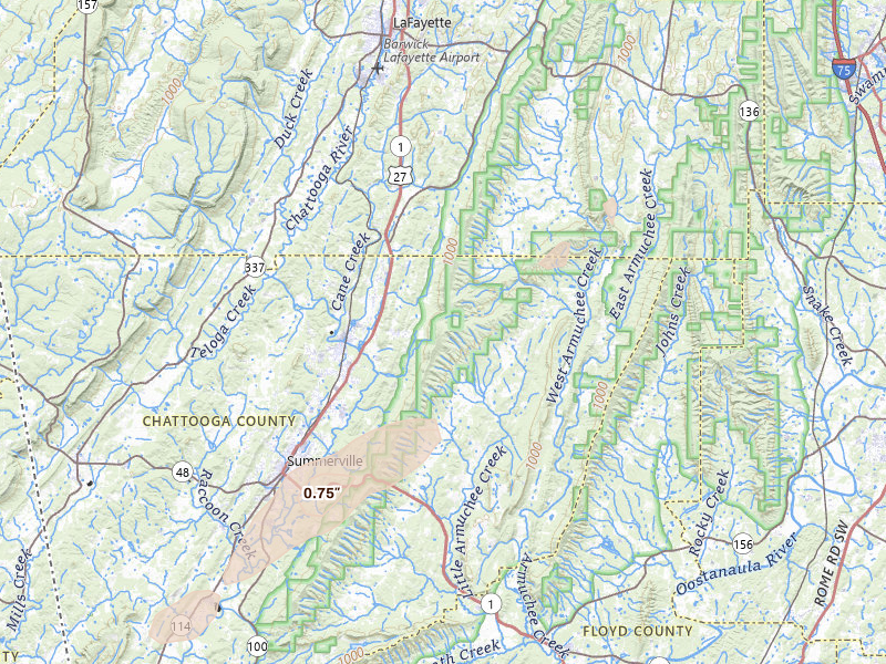 Radar-estimated hail-size map of the storm over Summerville, GA on Aug 1, 2026