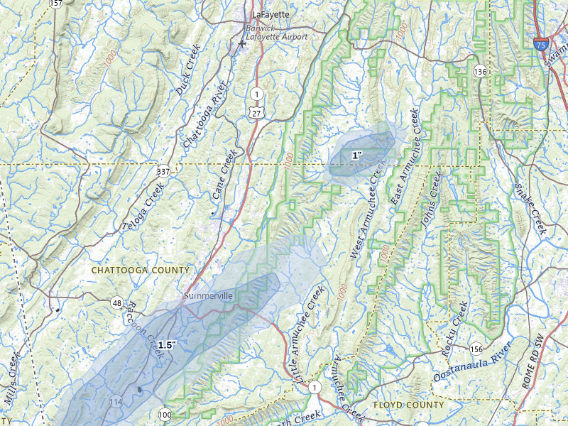 NEXRAD radar-signature map of the hail storm over Summerville, GA on Aug 1, 2026