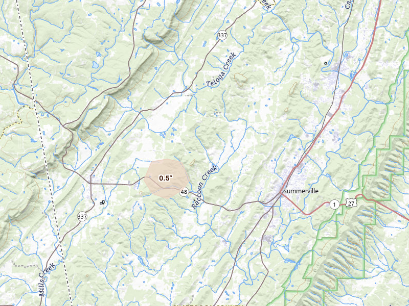 Radar-estimated hail-size map of the storm over Summerville, GA on Aug 5, 2026