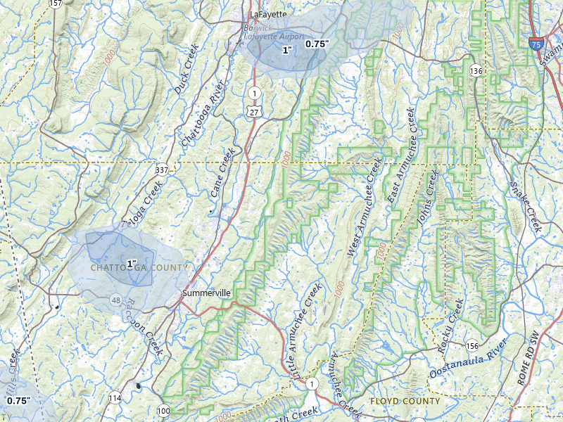 NEXRAD radar-signature map of the hail storm over Summerville, GA on Aug 5, 2026