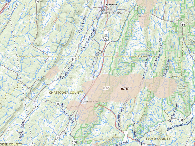 Radar-estimated hail-size map of the storm over Summerville, GA on Aug 20, 2026