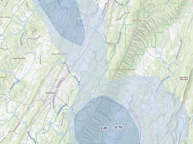 NEXRAD radar-signature map of the hail storm over Summerville, GA on Sep 6, 2026