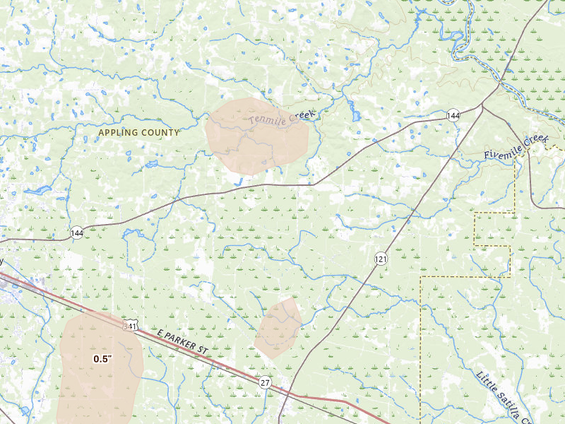 Radar-estimated hail-size map of the storm over Surrency, GA on Aug 13, 2026