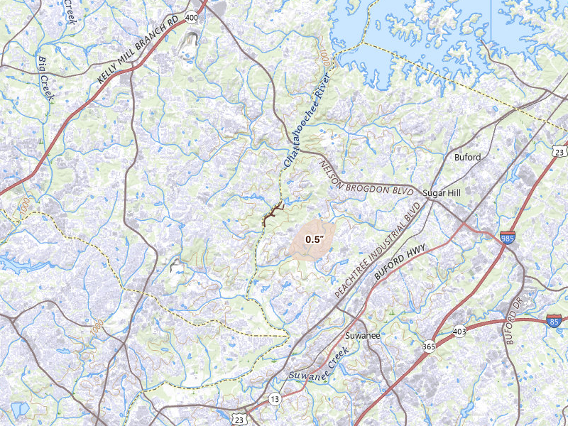 Radar-estimated hail-size map of the storm over Suwanee, GA on May 22, 2026